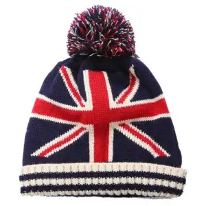 Bunte Bommelmütze mit Union-Jack-Muster und gestreiftem Umschlag
