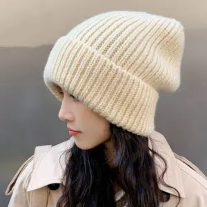 Baumwoll-Beanie Damen mit breitem Umschlag, grob gestrickt – Bild 2