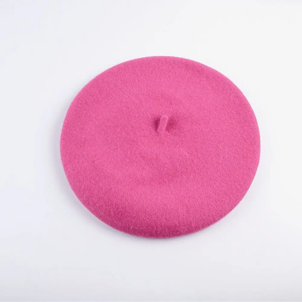 Dicke Wollmütze Damen im Baskenmützen-Stil mit Stiel – Pink