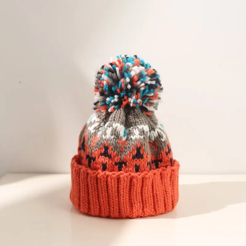 Mütze mit Bommel Damen, gemustert, breiter Umschlag – Orange