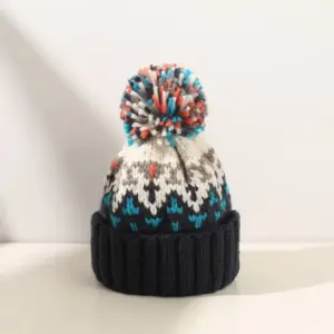 Mütze mit Bommel Damen, gemustert, breiter Umschlag – Marineblau