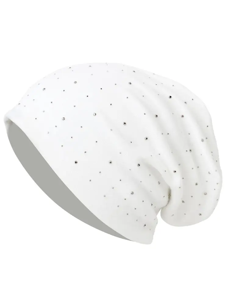 Mütze Damen Slouch-Beanie mit kleinen Strasssteinen – Weiß