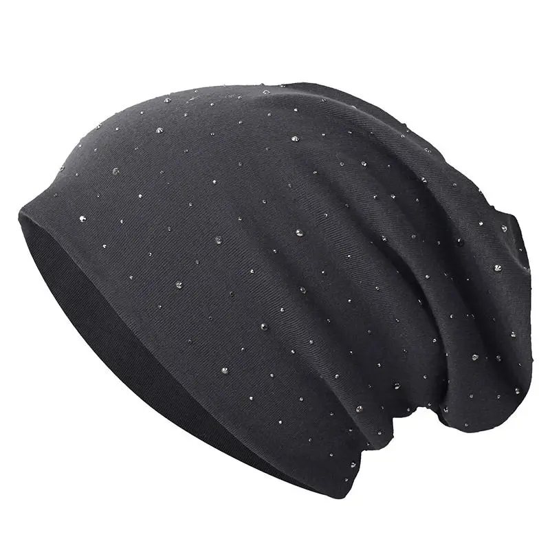 Mütze Damen Slouch-Beanie mit kleinen Strasssteinen – Dunkelgrau