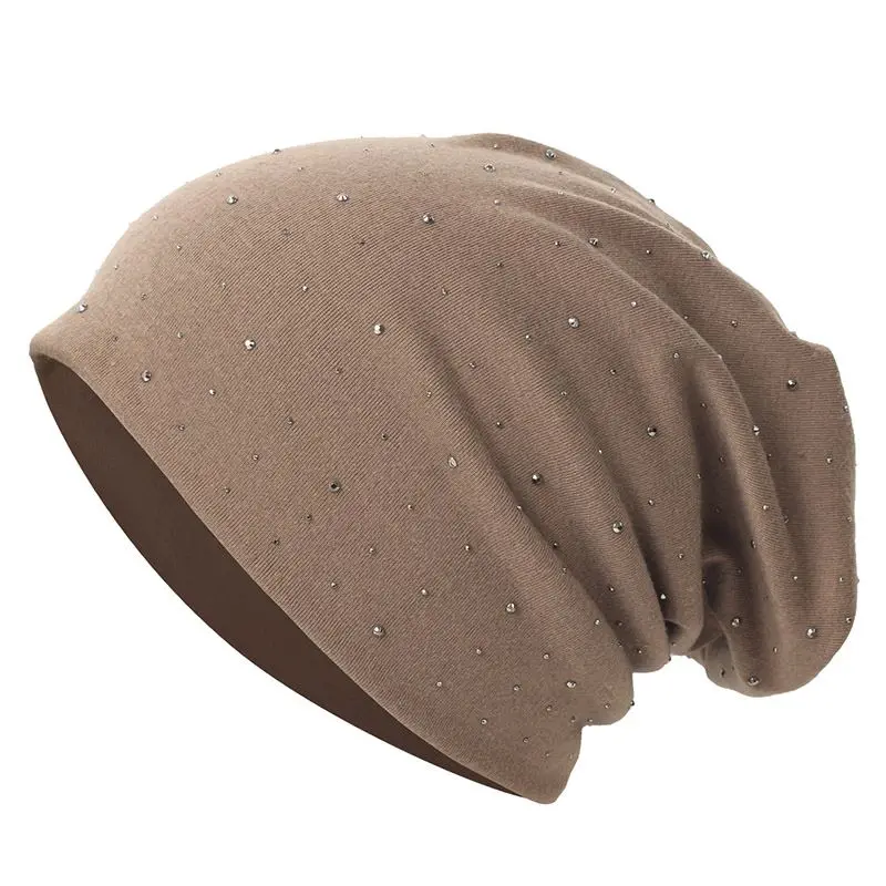 Mütze Damen Slouch-Beanie mit kleinen Strasssteinen – Camel