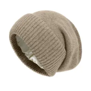 Kaschmir Mütze Damen in Beige, weite Beanie mit Futter – Beige
