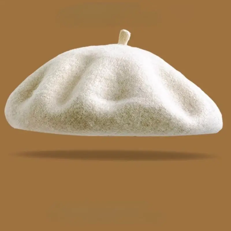 Cremeweiße Wollmütze Damen, schlichte Baskenmütze – Creme
