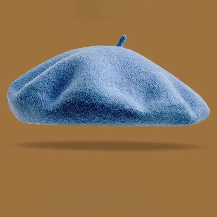Cremeweiße Wollmütze Damen, schlichte Baskenmütze – Blau