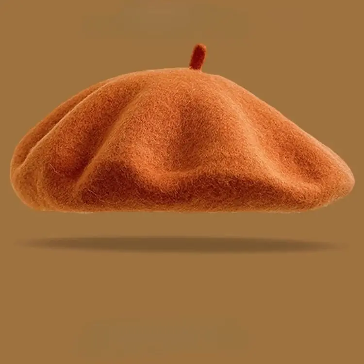 Cremeweiße Wollmütze Damen, schlichte Baskenmütze – Orange