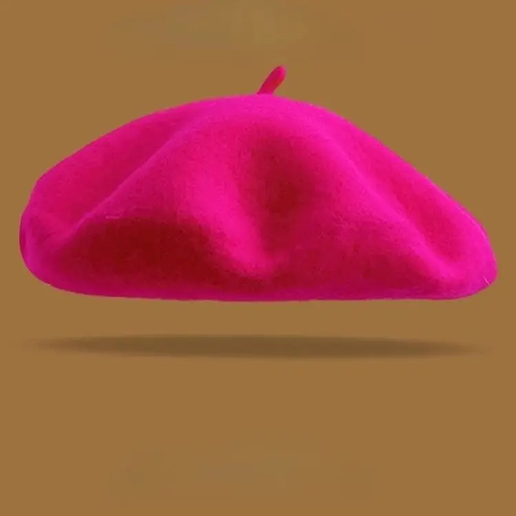 Cremeweiße Wollmütze Damen, schlichte Baskenmütze – Pink