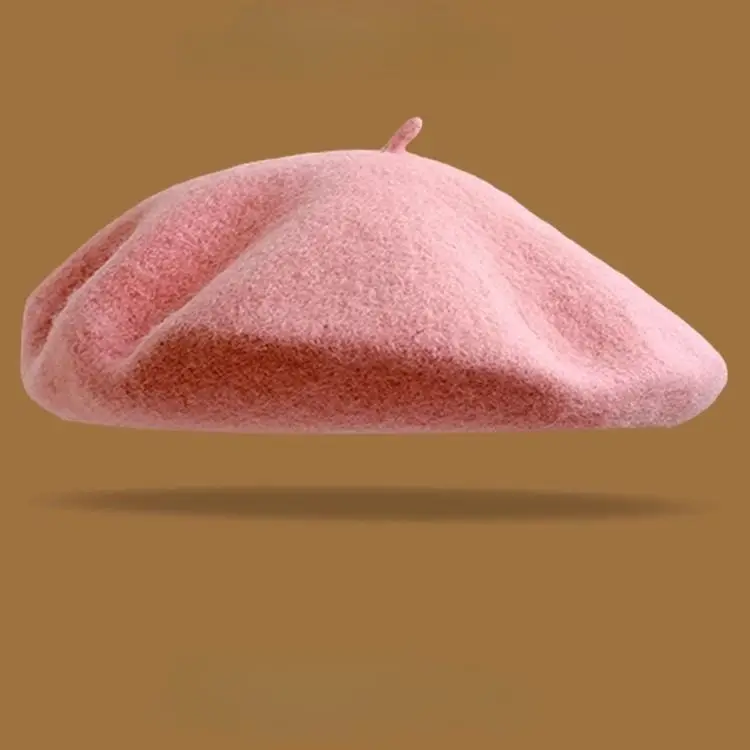 Cremeweiße Wollmütze Damen, schlichte Baskenmütze – Rosa