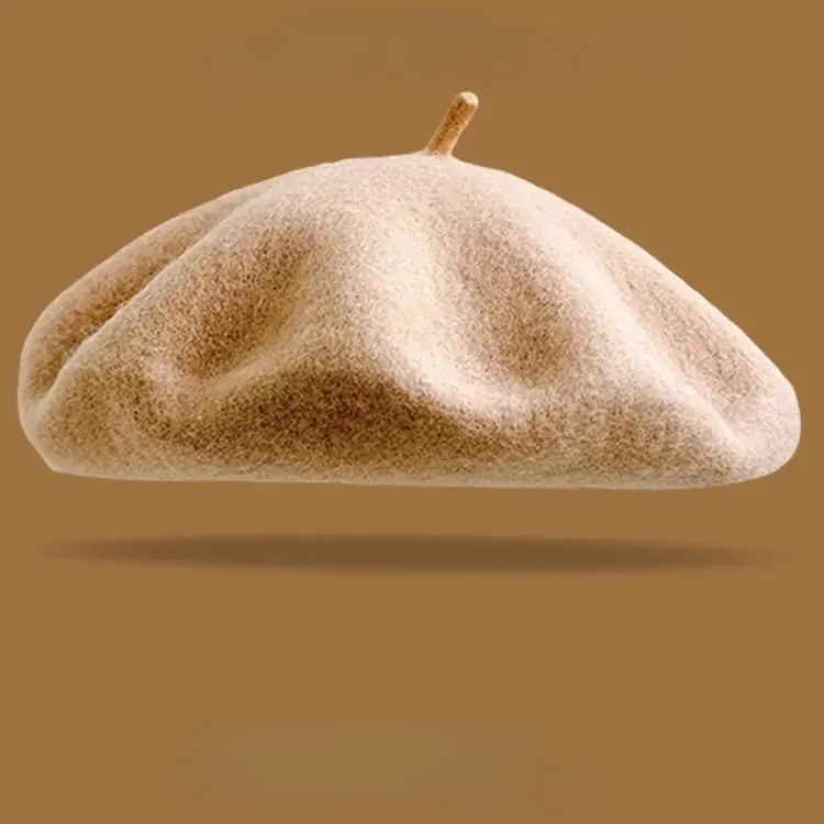 Cremeweiße Wollmütze Damen, schlichte Baskenmütze – Beige