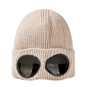 Mütze Beige Damen mit Brillen-Optik am Umschlag, Strick – Beige