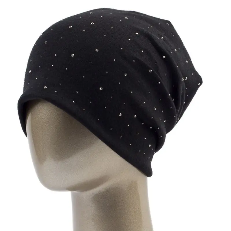 Mütze Damen Slouch-Beanie mit kleinen Strasssteinen – Schwarz