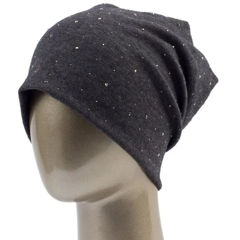 Mütze Damen Slouch-Beanie mit kleinen Strasssteinen – Dunkelgrau – meliert