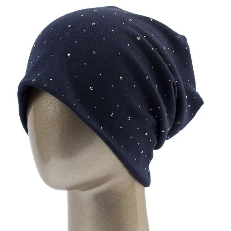Mütze Damen Slouch-Beanie mit kleinen Strasssteinen – Marineblau