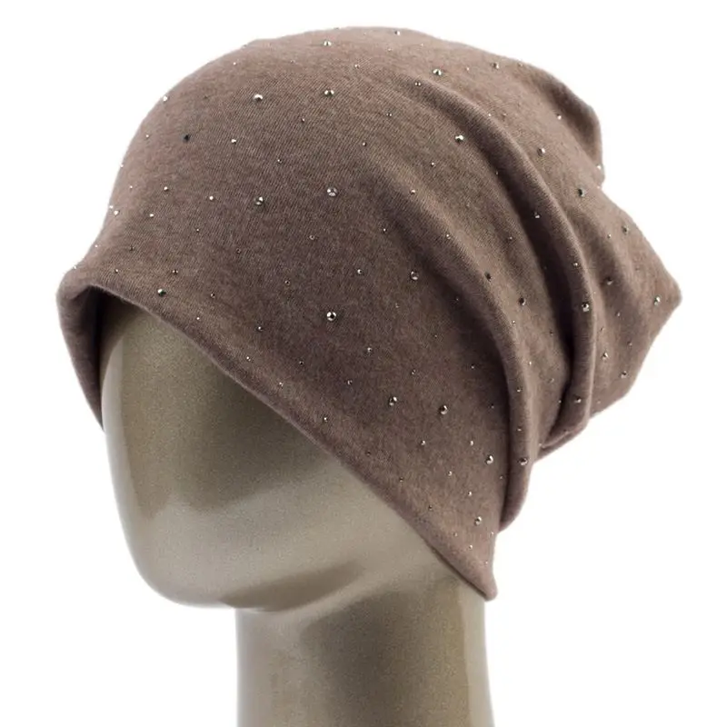 Mütze Damen Slouch-Beanie mit kleinen Strasssteinen – Braun