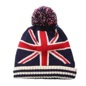 Beanie Mütze Damen Winter mit Bommel und Union-Jack-Muster – Bunt – Union Jack